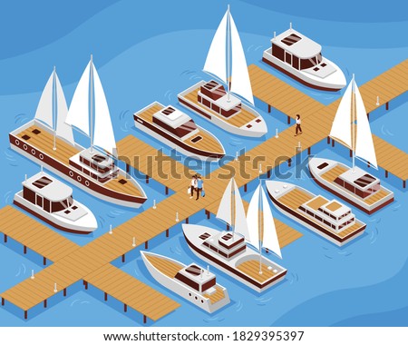 Yachts sailing and motor boats and people going along pier 3d isometric vector illustration