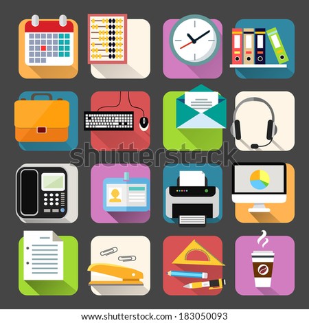 Business office stationery flat icons set of clock coffee briefcase and documents isolated vector illustration