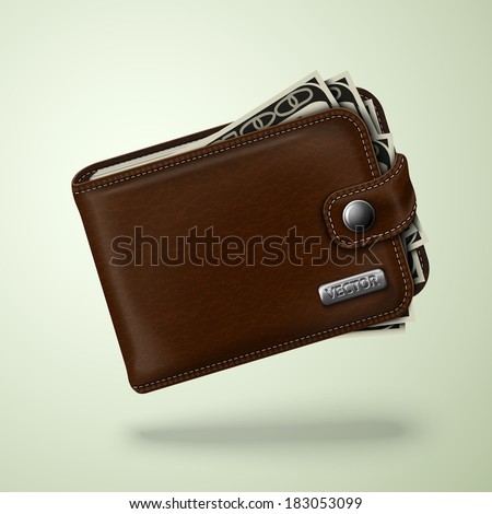 Classic modern brown leather pocket closed fat wallet filled with dollar banknotes vector illustration