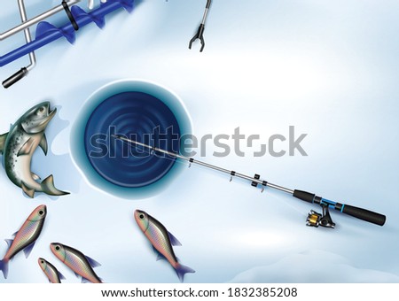 Winter fishing banner composition of realistic fish images with hole in ice and fish tackle icons vector illustration