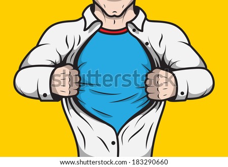 Disguised comic book superhero adult man under cover opening his shirt template vector illustration