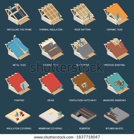 Roofing construction process materials isometric set with frame installation thermal insulation ceramic metal flexible tiles vector illustration 