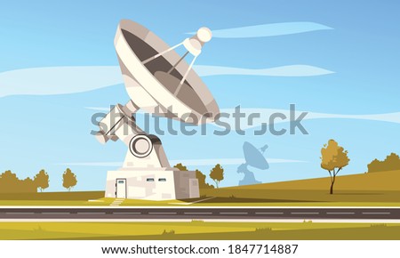 Radio telescope station with large parabolic antenna for space research against autumn landscape vector illustration