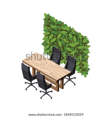 Green office isometric composition with view of breakout room furniture with chairs wooden table and leaves vector illustration
