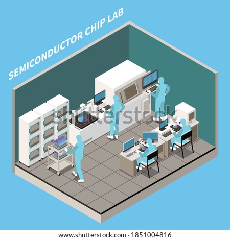 Semiconductor chip production isometric composition with text and indoor view of laboratory with workers and machinery vector illustration