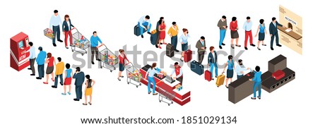 Isometric set of human characters in queues in various public places 3d isolated vector illustration