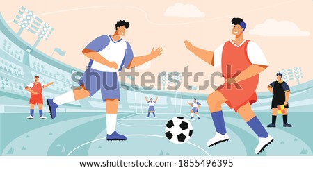 Football stadium player composition with open air soccer arena landscape and doodle characters of playing teams vector illustration