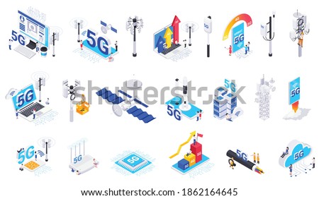 Internet 5G technology isometric icons set of modern net equipment speed growth diagrams and arrows isolated elements vector illustration