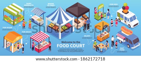 Isometric food courts fair infographics with images of market stalls vans and people with text captions vector illustration