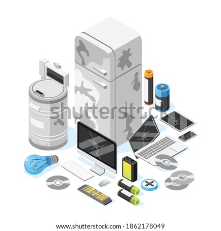 Electronic garbage isometric background with images of used consumer electronics computers and gadgets with dead batteries vector illustration