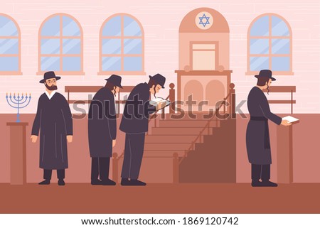 Judaism religion flat composition with view of synagogue with star of judah and characters of rabbis vector illustration