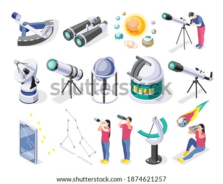 Astronomy isometric recolor set of isolated icons of telescopes radars and various observational facilities with people vector illustration