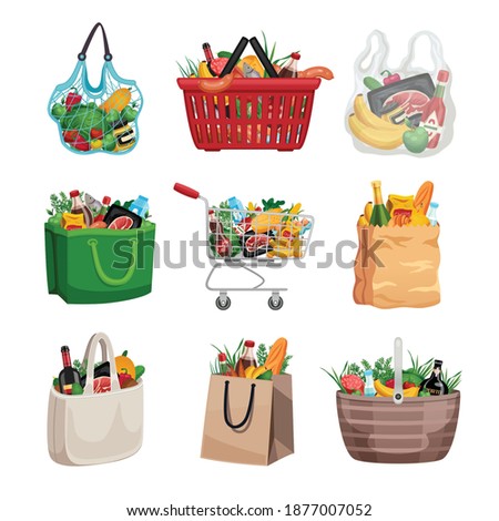 Shopping bag colored set of paper plastic and textile bags basket and cart filled to top with food isolated vector illustration