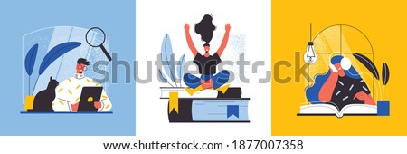 Online library design concept with people reading books in notebook and listening to audiobooks flat vector illustration