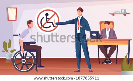 Discrimination of disabled people with man on wheelchair flat vector illustration