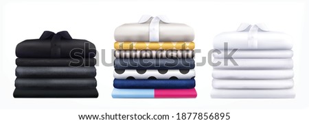 Clothes stacks realistic design concept with three bundles of neatly piled fabric and chemises vector illustration