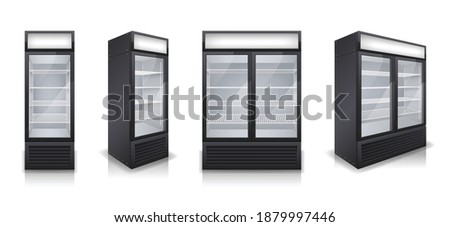Commercial glass door drink fridges with one and two display sections realistic set isolated vector illustration