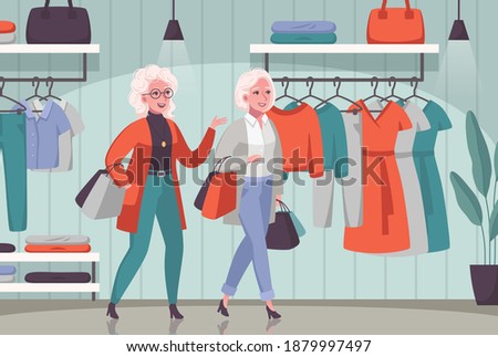 Elderly women enjoying shopping together cartoon composition with senior people choosing clothes in department store vector illustration