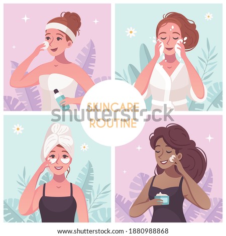 Skincare routine concept 4 cartoon compositions square with woman washing cleansing face applying nourishing cream vector illustration