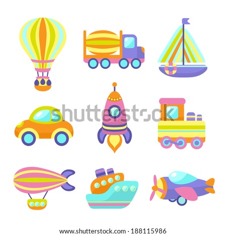 Toy transport cartoon icons set with train car plane isolated vector illustration