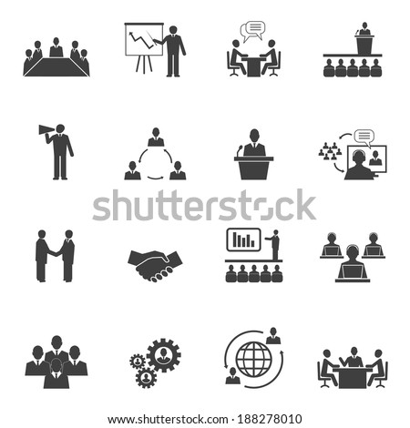 Business people online meeting strategic pictograms set of presentation online conference and teamwork isolated vector illustration