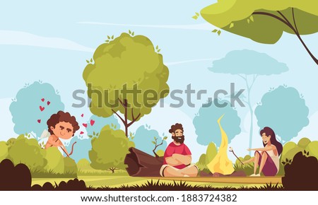 Amur cupid valentine day composition with outdoor park scenery and couple sitting near bonfire with cupid vector illustration