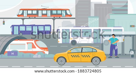 Public transportation tram bus yellow taxi in city street waiting passenger at trolleybus stop flat vector illustration