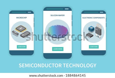 Semiconductor chip production vertical set of isometric banners with circuits silicon wafer and electronic components icons vector illustration