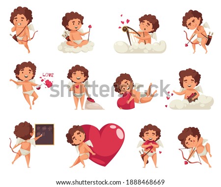Amur cupid valentine day set of isolated characters of amorette doodle bow boy with heart icons vector illustration