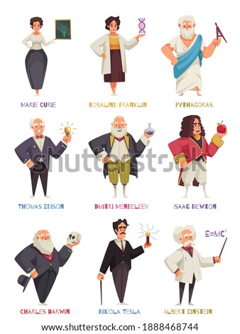 Set of isolated doodle style human characters of world famous scientists from different centuries with text vector illustration