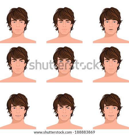 Young dark hair man emotions range of angry puzzled surprised alert and happy head portraits collection isolated vector illustration