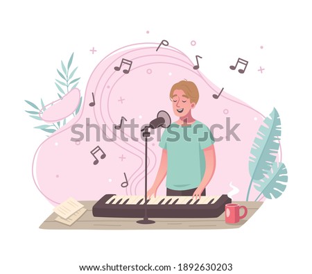 Hobby cartoon composition with young man singing while playing electronic piano organ keyboard with microphone vector illustration