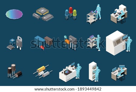 Semiconductor chip production isometric set with isolated icons of electronic components circuitry lab equipment and workers vector illustration
