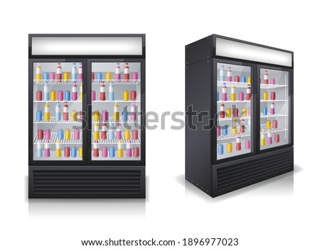 Drinks fridges with 2 display doors filled with colorful refreshments bottles front angular views realistic vector illustration