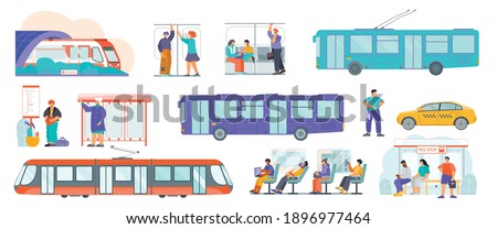 Public transport flat set with tram bus stop schedule trolleybus subway train taxi passengers isolated vector illustration