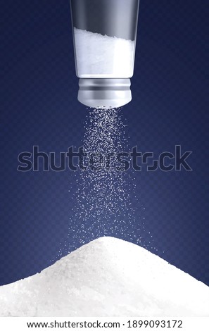 Salt vertical composition with realistic image of salt cellar turned upside down with pouring salt particles vector illustration