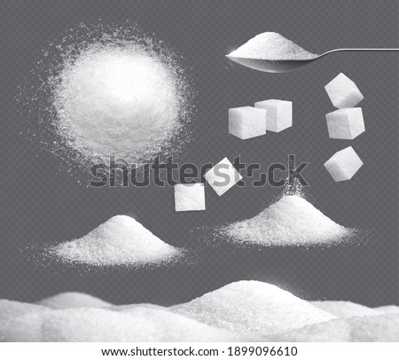 White sugar set with piles and cubes realistic transparent isolated vector illustration