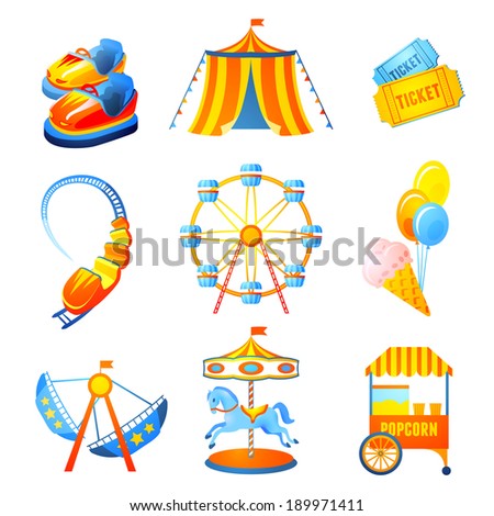 Amusement entertainment park icons set with ferris wheel rollercoaster marry-go-round isolated vector illustration