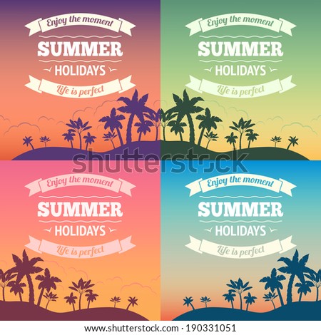 Summer holiday vacation travel background poster with sunset and palm trees vector illustration