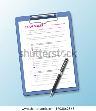 Realistic test paper questionnaire composition with exam sheet on holder pad with pen on gradient background vector illustration