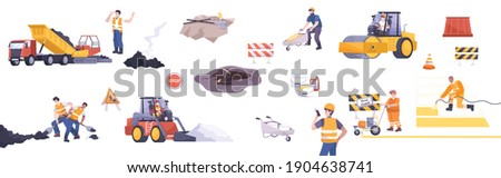 Road repair flat icon set workers in special uniforms machines and barriers for work vector illustration