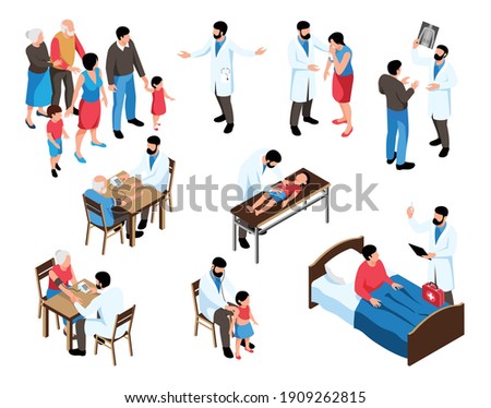 Isometric family doctor set of isolated icons and human characters of medical specialist consulting examining patients vector illustration