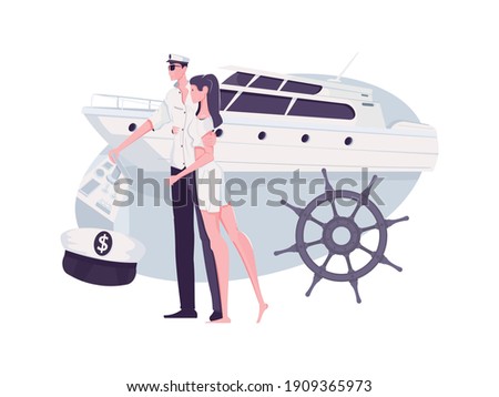 Rich people composition with flat human characters of loving couple with yacht boat vector illustration