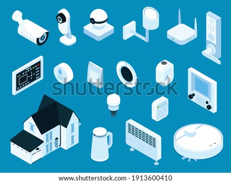 Smart home security system heating cleaning kitchen appliances lighting doorbell master panel isometric set isolated vector illustration 
