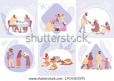 Ramadan design concept with set of compositions with flat images of praying muslim people with families vector illustration