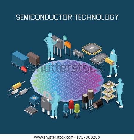 Semiconductor chip production isometric composition with editable text and gradient colored silicon wafer with circuit icons vector illustration