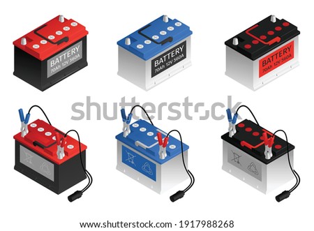 Automotive rechargeable car battery 6 isometric red blue black color set white background isolated vector illustration  
