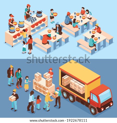 Humanitarian support horizontal banners with volunteers distributing food to needy and  feeding poor people isometric vector illustration