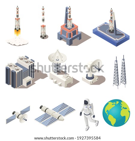 Space research isometric icons set with rocket astronaut planet earth radar command center isolated on white background 3d vector illustration