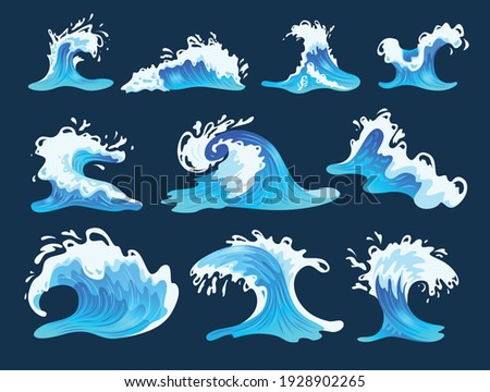 Flat set of sea or ocean waves isolated on dark blue background vector illustration